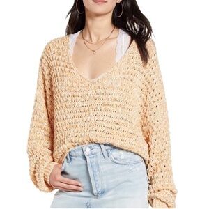 Free People Coconut V-Neck Oversized Cotton Blend Knit Pullover Yellow